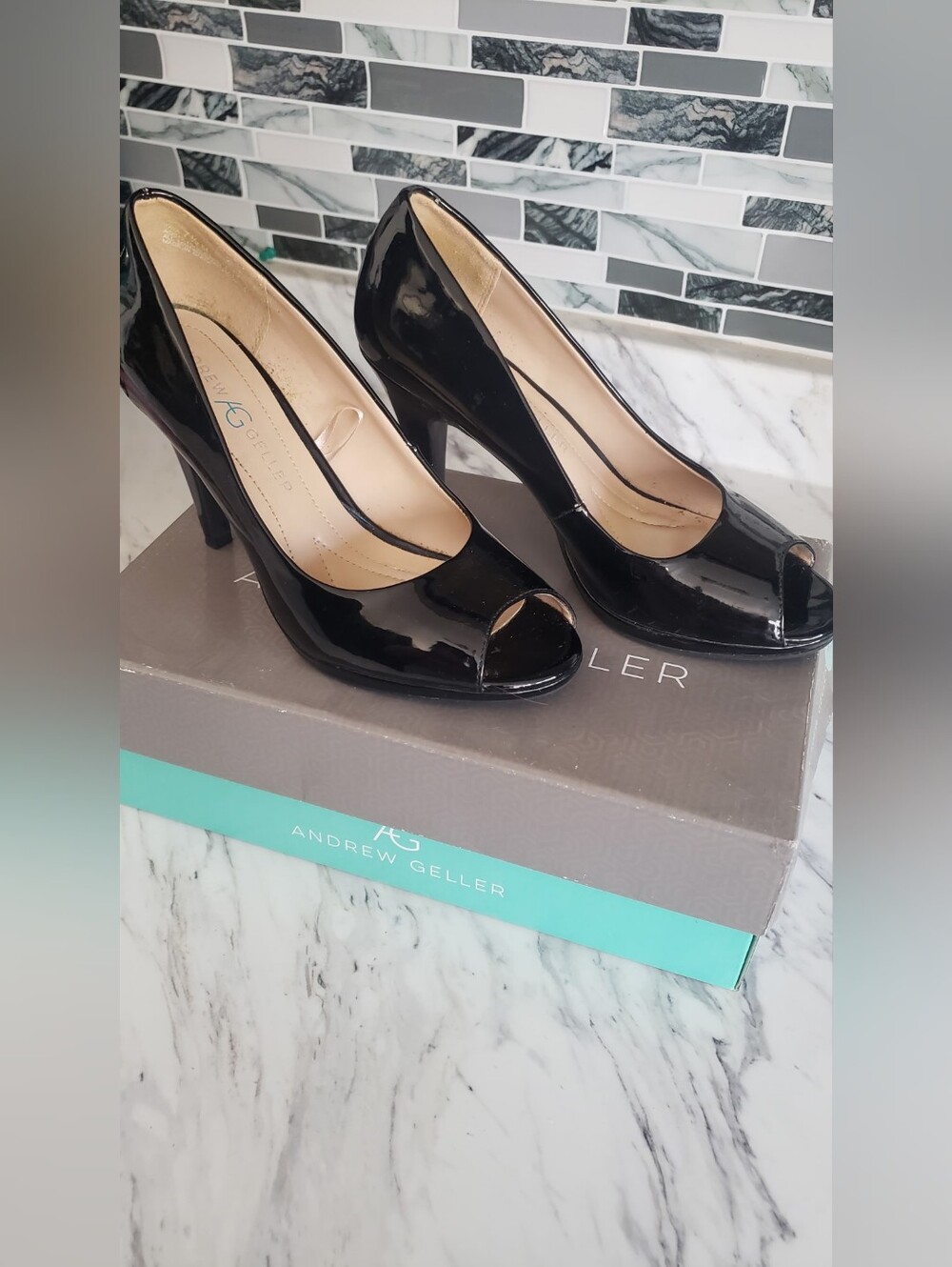 Andrew Geller Black Patent Peep-Toe Heels